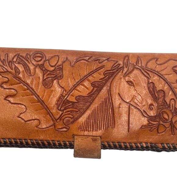 Vintage Hand Tooled Leather Wallet Horse Acorns Embossed Bifold Whip Stitched 8" - Picture 3 of 15